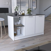 Poem Kitchen Island with Large Top Surface, Double Door Cabinet, and Open Shelves White / Onyx