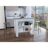 Kitchen Island, kitchen table 35" H, Four Legs, Three Open Storage Shelves, White / Ibiza Marble