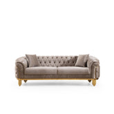 Clytemnestra Modern Style Button Tufted Sofa Made of Wood and Gold Coated Metal Legs in Taupe Color