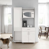 Theseus Kitchen Pantry and Microwave Cabinet with 3 Side Storage Shelves, Built-In Pet Station, One Drawer, One Small Cabinet and, One Open Shelf