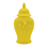 Aurora 25 Inch Ginger Jar, Carved Cutout Lattice, Removable Lid, Yellow