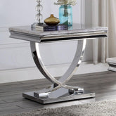 1pc End Table Modern Glam Style 18mm Faux Marble On Top Pedestal Base Stainless Steel Metal Structure Chroma Finish Coffee Table-Not Included