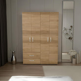Hector Armoire with 4 Doors, 2 Drawers, And 2 Hanging Rod, Storage Cabinet for Living Room, Bedroom, or Entryway, Natural Oak