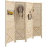 4.7' 4 Panel Wooden Room Divider with Pegboard Display, Folding Privacy Screen for Home Office, Natural