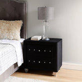 Priam Nightstand, 2 Drawers with Crystal Knobs, Black Velvet Upholstery