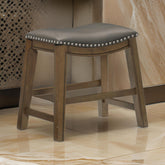 Avalon 20 Inch Dining Stool, Gray Faux Leather, Brown Solid Wood, Nailheads