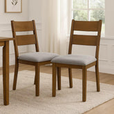 Oasis Dining Chair Set of 2, Gray Padded Fabric Seat, Brown Wood Legs