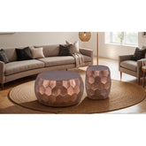 Modern Contemporary Round Aluminum material 32" Coffee Table and 21"Height End Table Set 2PC Tables with Glossy Diamond-Patterned Base Copper