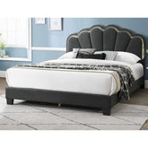 1pc Queen Size Bed Charcoal Wool Fabric Floral Design Headboard w LED Fully Upholstered Platform Bedframe