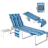 Tanning Chair with Face Hole and Side Table, 5-Position Folding Outdoor Chaise Lounge Chair, Blue Stripe