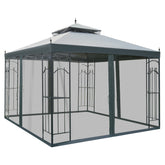 118" x 118" Steel Outdoor Patio Gazebo Canopy with Removable Mesh Curtains, Display Shelves, & Steel Frame, Gray