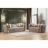 Revelation Button Tufted 2 Pc Set with Velvet Fabric and Gold Accent in Taupe