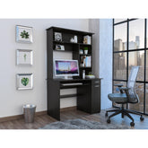 Clytemnestra 180 Hutch Desk, Multiple Shelves, Keyboard Tray, CPU anel, One Drawer -Black