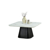 Contemporary Style Square Coffee Table Faux Marble Top Reeded Drum Base Black Finish Primary Living Room