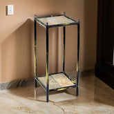 2 Tier Square Stone Top Plant Stand with Metal Frame, Small, Black and Gray