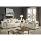 Asgard Contemporary Style 2-Piece Living Room Set including the Sofa and Loveseat in cream with gold accents and diamond-textured details