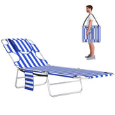 Tanning Chair with Face Hole, 5-Level Adjustable Outdoor Chaise Lounge Chair with Pillow for Beach, Pool, Blue Stripes