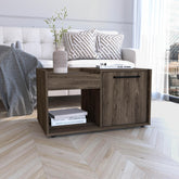 Theseus Coffee Table, Single Door Cabinet, One Open Shelf -Dark Walnut