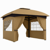 11' x 11' Outdoor Gazebo, Double Roof Patio Gazebo with Curtains, Church Windows, Galvanized Steel Frame, Beige