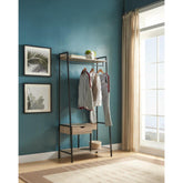 Metal Clothes Rack Open Wardrobe Free Standing with One Drawer Hanging Clothes Rod – Brown & Black Metal