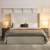 Shangri-La Upholstered Wingback Bed / Upholstered Platform Bed Frame / 52.3" High Headboard / Simplicity / Minimalist / No Box Spring Needed / Easy Assembly / King/ Textured Ivory Canvas Chenille/No Noise