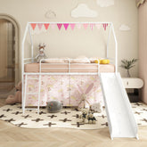 Agamemnon Metal Junior House Twin Loft Bed with Slide and Curtain Set and Pennant Banner Flag and Star Stickers, White with Pink