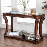 Sofa Table Dark Oak Finish Traditional Style 5mm Tempered Glass Top Cabriole Glass Ornate Carved Detail