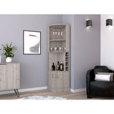 Asteroid bar cabinet 71" H, with two shelves at the top, 1 glass holder, 8 exterior bottle racks, 1 central shelf and a lower drawer with 2 side doors, light gray