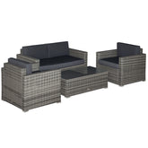 4 Piece Wicker Patio Furniture Set with Cushions, Outdoor Sectional Furniture with 2 Sofa, Loveseat, and Glass Top Coffee Table, Conversation Sofa Sets for Garden, Black