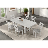 Contemporary 7pc Dining Set White Oak Table w Leaf 6x Side Chairs Cross Back Cushion Seat Chair