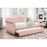 Helen Modern Style Upholstered Velvet Wood Daybed with Trundle in Pink