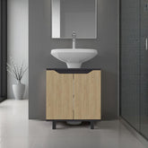 Jason Under Sink Cabinet with Two Doors and Interior Storage Shelves, Cut-Out Back, 22 Wide Freestanding, Modern Bathroom Storage, Black, Natural Oak