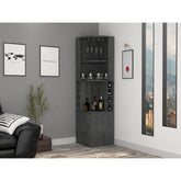 Story Corner Bar Cabinet, Eight Bottle Cubbies, Double Door, Two Open Shelves -Smokey Oak