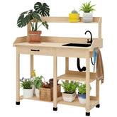 Potting Bench Table, Outdoor Garden Table Wooden Work Station with Removable Sink, Faucet, Drawer, Shelves, Hooks, Natural Wood