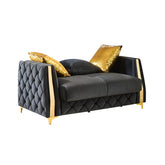 Haven Upholstered Loveseat in Black Fabric with Gold Stainless Steel Legs, Foam Cushioning and Sturdy Wood Frame