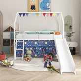 Agamemnon Metal Junior House Twin Loft Bed with Slide and Curtain Set and Pennant Banner Flag and Star Stickers, White with Blue