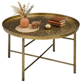 Coffee Table for Living Room, 24" Round Center Table with Hammered Tray Top and Metal Frame for Bedroom, Gold