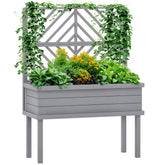 Elevated Wood Planter with Trellis for Climbing Plants, Raised Garden Bed with Legs and Drainage Holes, Gray