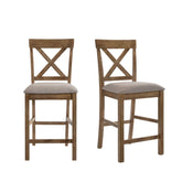 Contemporary Counter Height Chairs Set of 2 Upholstered Seat X-Back Classic Oak Finish Wooden Dining Furniture