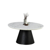 Contemporary Style Round Cocktail Table Faux Marble Top Reeded Drum Base Black Finish Primary Living Room