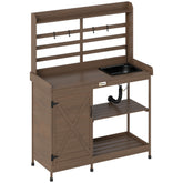 Wooden Potting Bench with Storage, Sink, Water Tap for Backyard, Patio, Balcony, Dark Brown