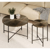 Nebula Pattern 2-Piece Coffee and End Table Set – Waterproof MDF with PVC Cover, Distressed Cylindrical Design, Black Metal Legs – Classic Rustic Charm, Dark Walnut