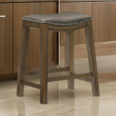 Avalon 26 Inch Counter Height Stool, Gray Faux Leather Seat, Brown Solid Wood