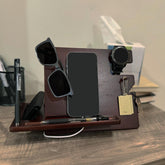 Nightstand accessories organizer phone tablet wallet watch stand key holder coin tray solid wood 2pc wood stained