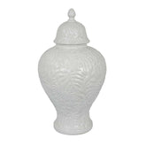 Aurora 18 Inch Temple Jar, Embossed Design, Removable Lid, White Finish