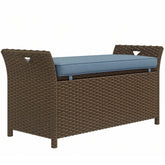 Outdoor Patio Wicker Storage Bench, 2-In-1 Rattan Patio Furniture, 29 Gal Storage Box w/ Cushion, Dark Blue