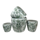 Epic Accent Planter Pot Set of 4, Green Floral Pattern, White Ceramic