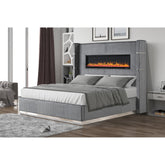 Haven Wooden Queen Bed with Ambient lighting in Gray Velvet Finish