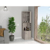 Story Corner Bar Cabinet, Eight Bottle Cubbies, Double Door, Two Open Shelves Light Gray