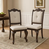 Odysseus Side Dining Chair Set of 2, Beige Linen, Scrolled Coffee Brown Wood
